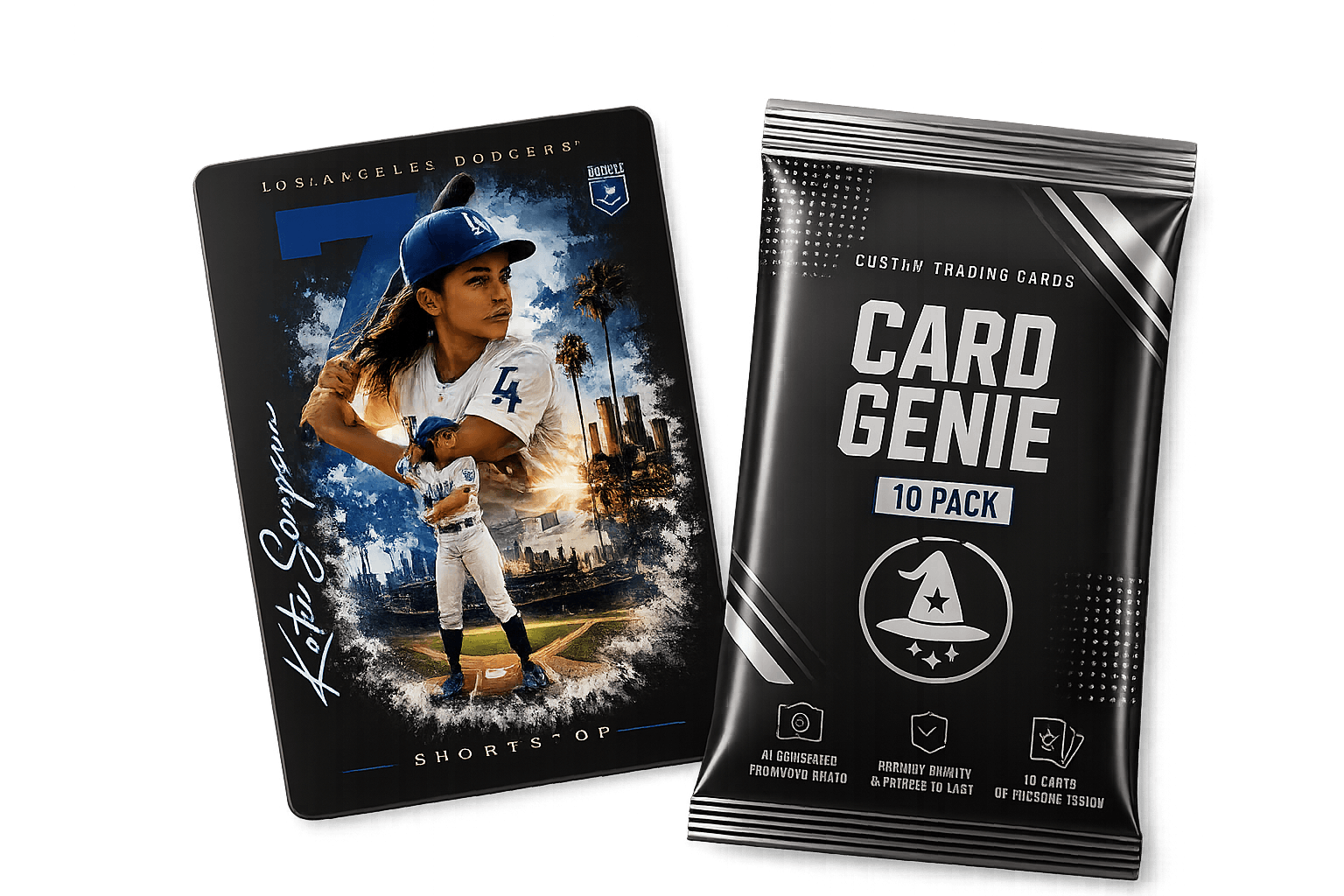 A Card Genie Trading Pack — 10 identical custom trading cards spread out