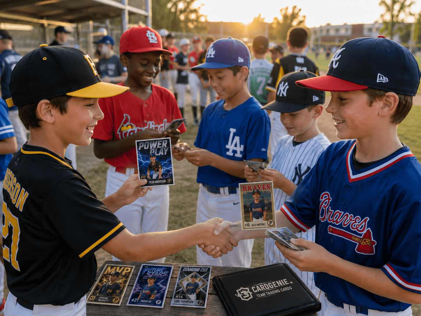 Kids from different baseball teams trading custom Card Genie trading cards after a game.