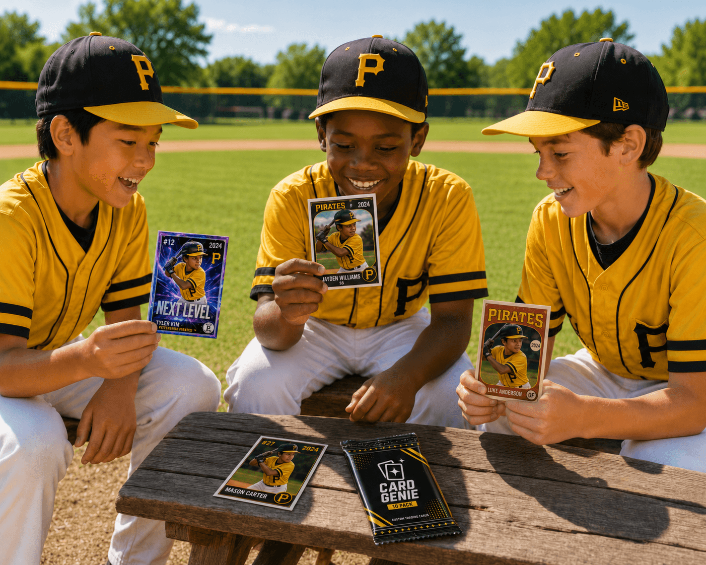 A young player holding a fanned stack of his own personalized Card Genie trading cards, ready to trade with teammates.