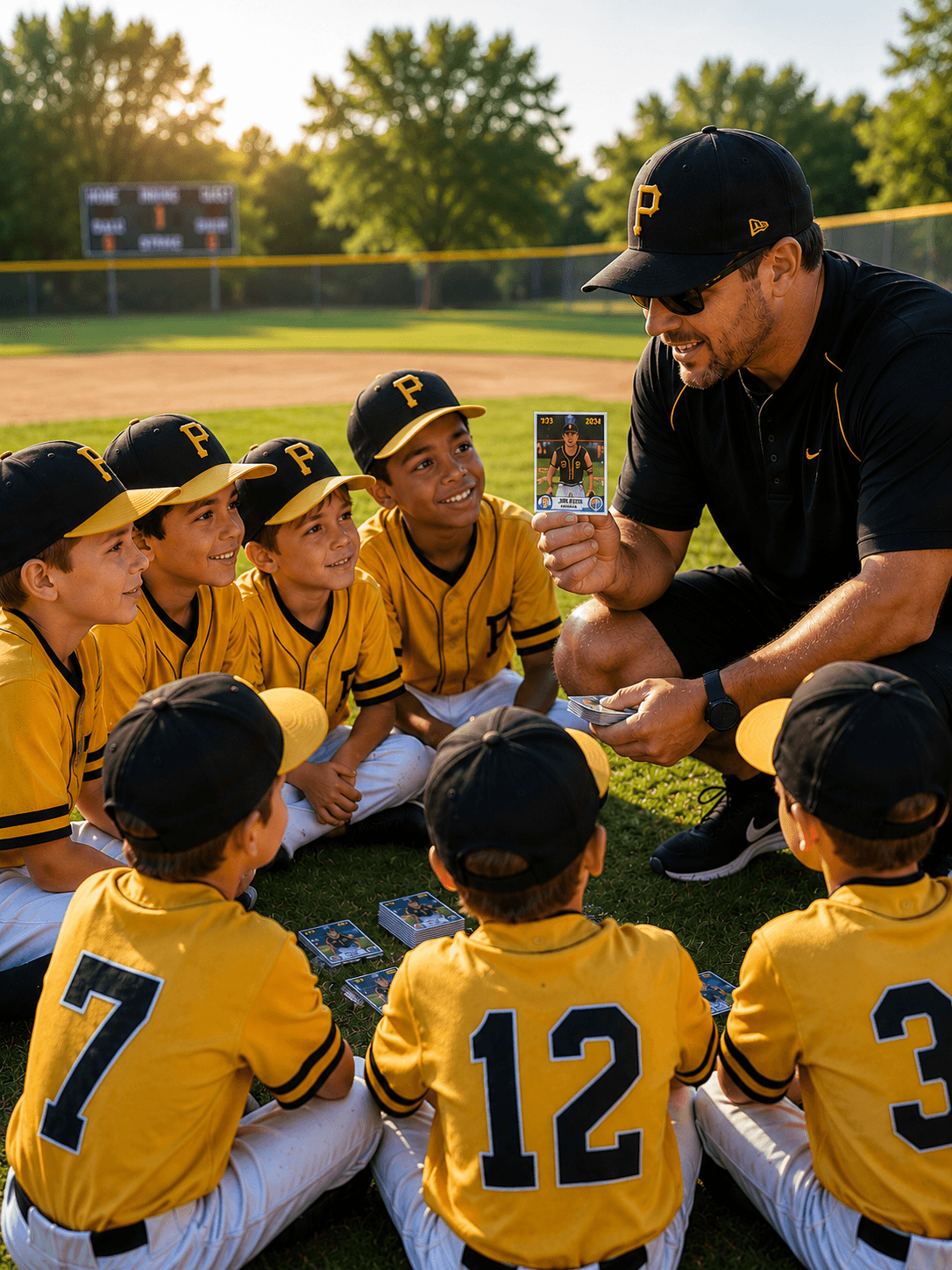 Youth baseball coach showing a personalized trading card to his team in yellow uniforms.