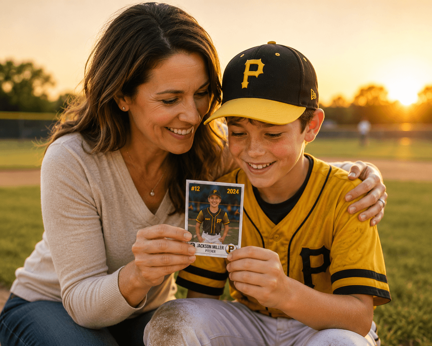Parent and child smiling while holding a personalized baseball card at sunset.