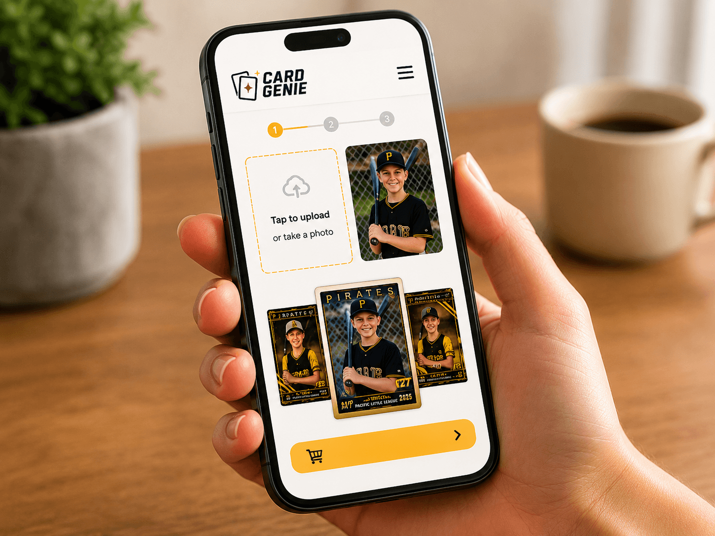 A parent ordering their child's custom trading card on their phone in a few quick taps.