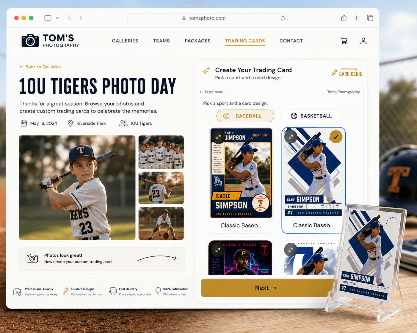 The Card Genie card-creation widget embedded inside a sports photographer's online gallery.