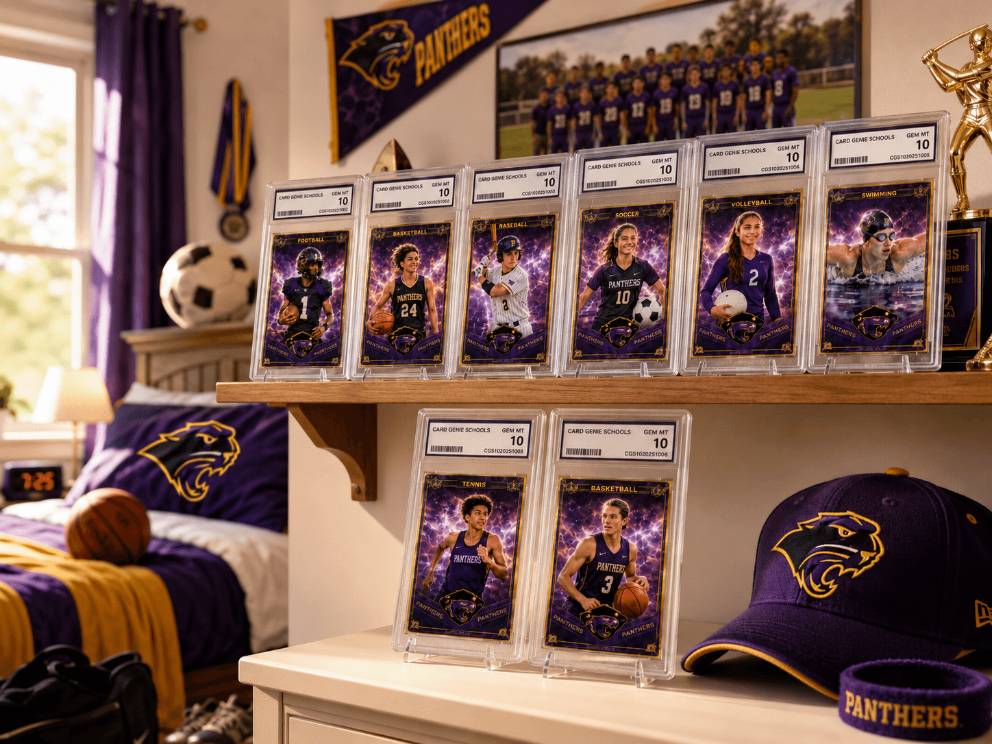 Slabbed custom trading cards displayed on a student's bedroom shelf.