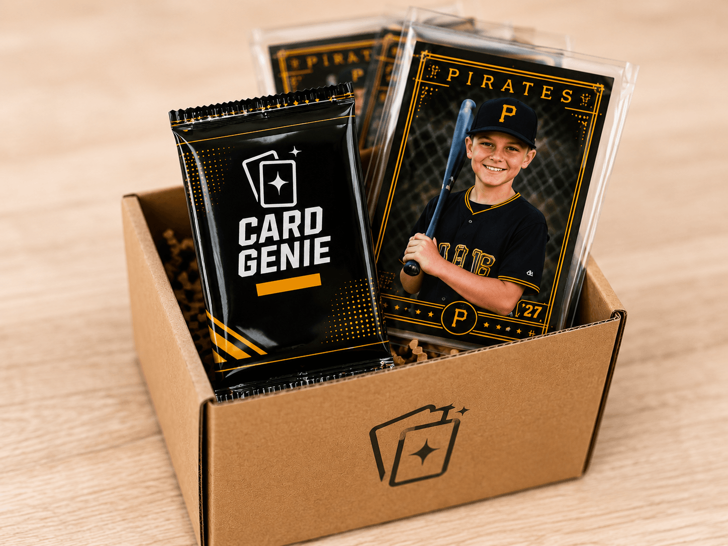 A team box of printed custom trading cards — foil packs, card sets, and a full team pack — ready to come home.