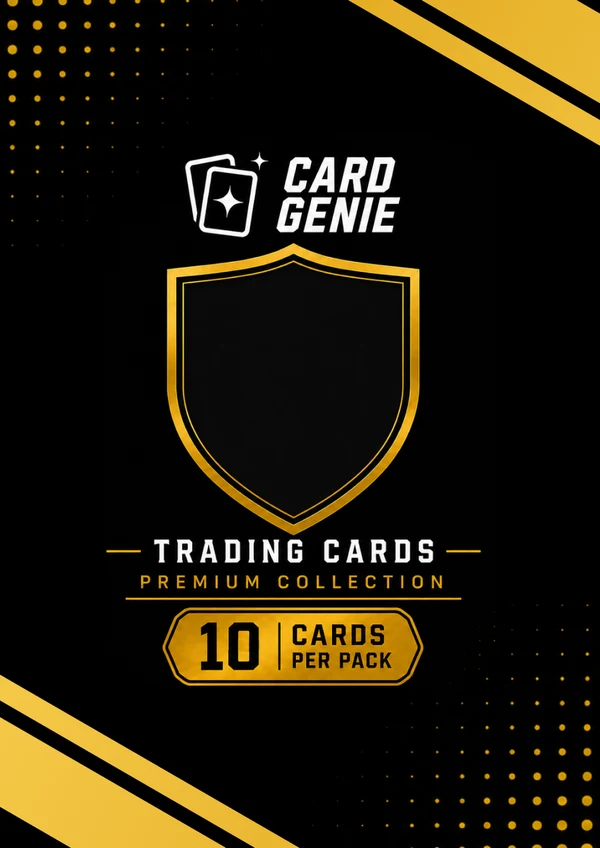 A sealed Card Genie foil pack printed “10 cards per pack”